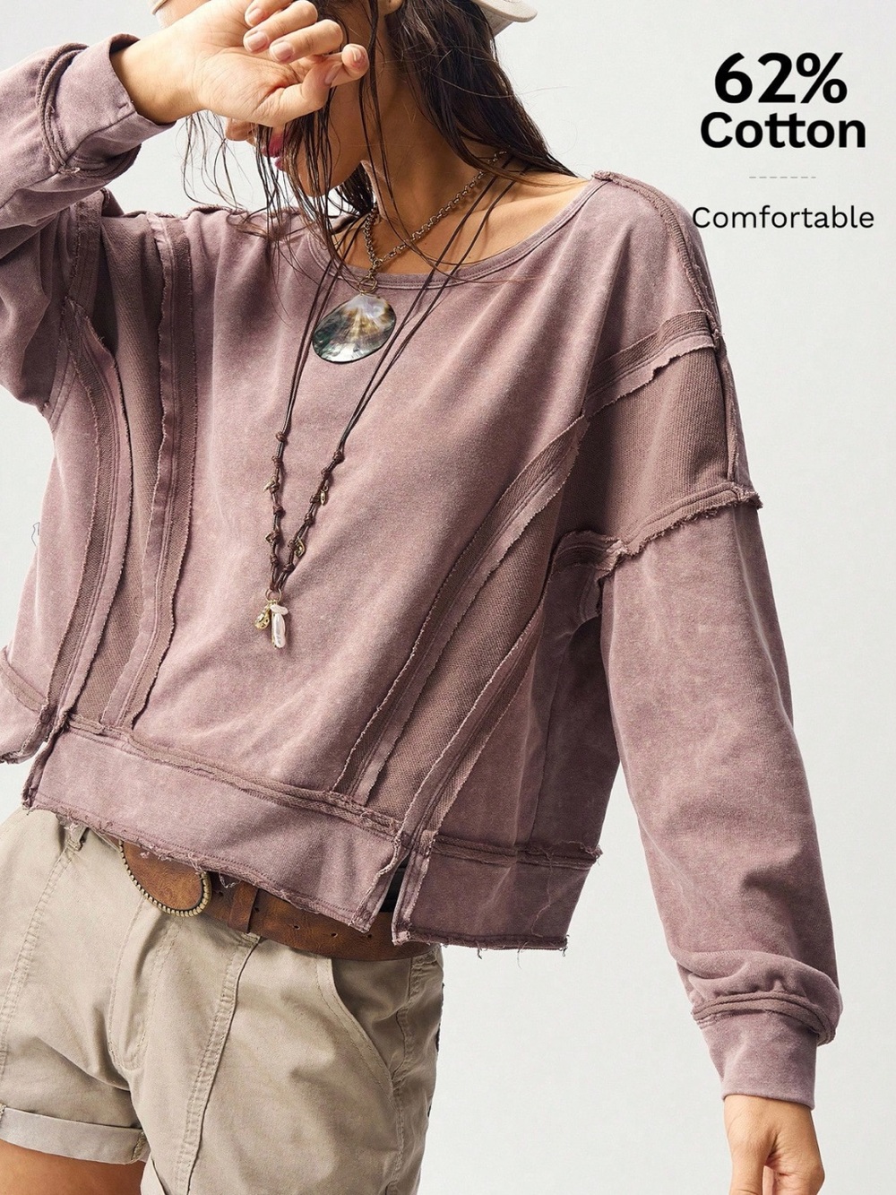 Cotton Blend Mocha Brown Distressed Bohemian Pullover Shirt Long Sleeve